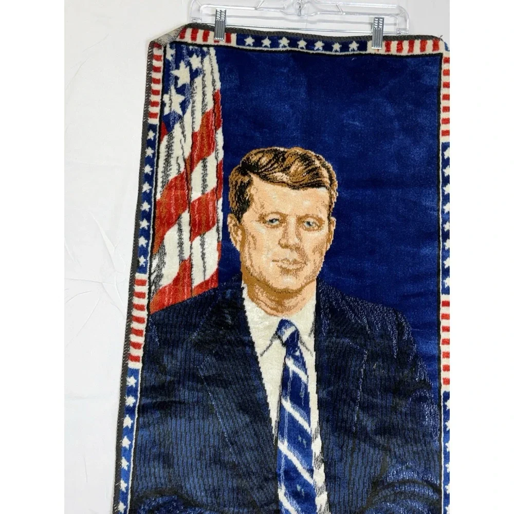 Vintage 1964 JFK Tapestry Wall Hanging Made In Italy 19x38 Patriotic Flag‎